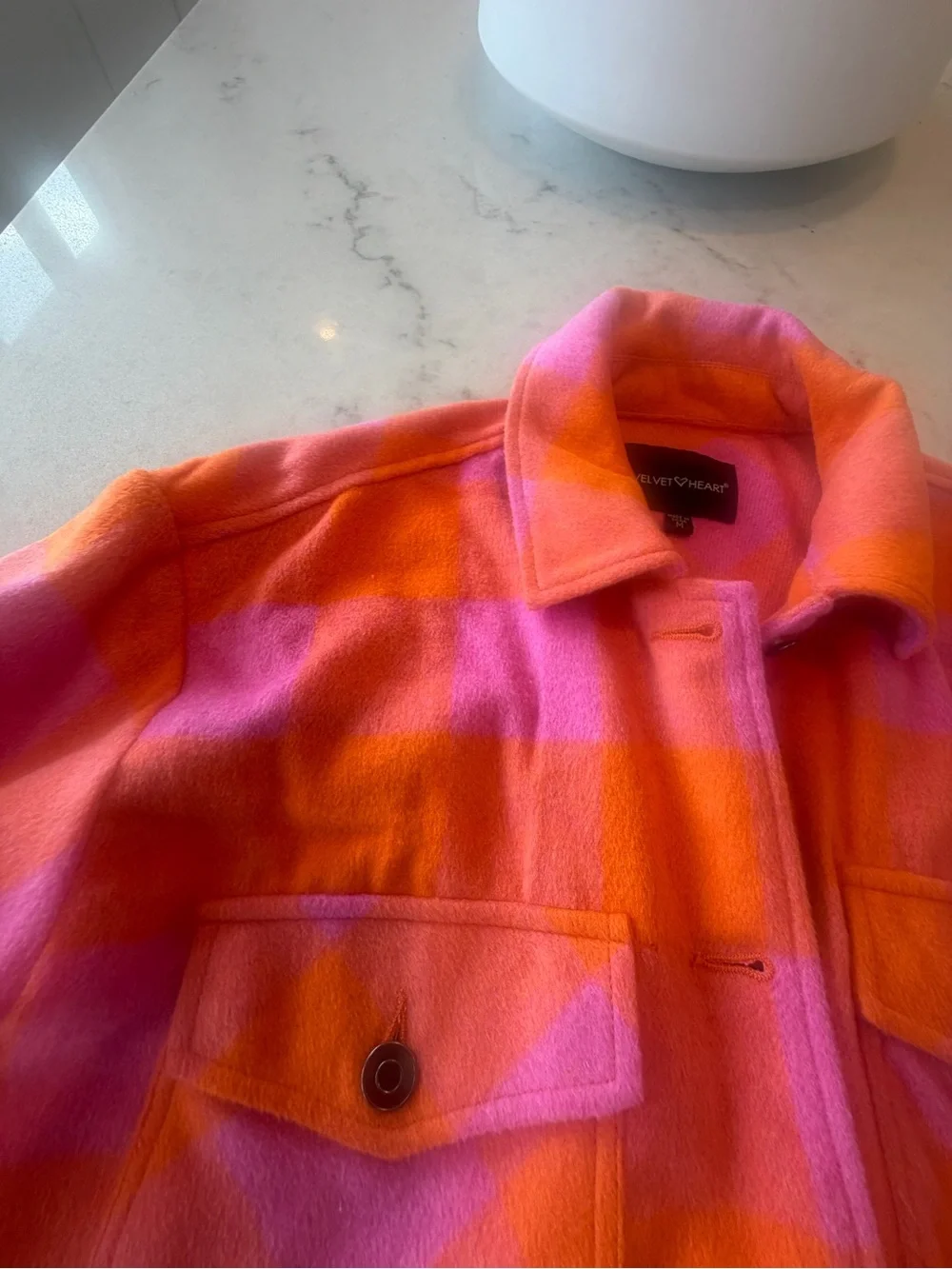 Women's velvet heart Pink & Orange Plaid Shacket Jacket! M